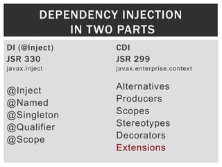 DEPENDENCY INJECTION
              IN TWO PARTS
DI (@Inject)        CDI
JSR 330             JSR 299
javax.inject        javax.enterprise.context


@Inject             Alternatives
@Named              Producers
@Singleton          Scopes
@Qualifier          Stereotypes
@Scope              Decorators
                    Extensions
 