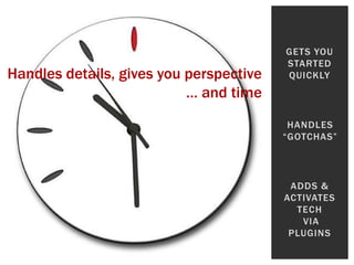 GETS YOU
                                         STARTED
Handles details, gives you perspective   QUICKLY
                           … and time
                                          HANDLES
                                         “GOTCHAS”




                                          ADDS &
                                         ACTIVATES
                                           TECH
                                            VIA
                                          PLUGINS
 