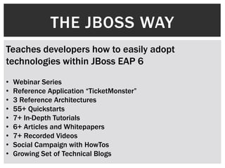 THE JBOSS WAY
Teaches developers how to easily adopt
technologies within JBoss EAP 6

•   Webinar Series
•   Reference Application “TicketMonster”
•   3 Reference Architectures
•   55+ Quickstarts
•   7+ In-Depth Tutorials
•   6+ Articles and Whitepapers
•   7+ Recorded Videos
•   Social Campaign with HowTos
•   Growing Set of Technical Blogs
 