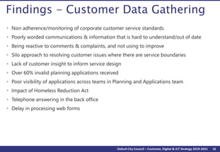 16Oxford City Council – Customer, Digital & ICT Strategy 2019-2021
Findings - Customer Data Gathering
• Non adherence/monitoring of corporate customer service standards
• Poorly worded communications & information that is hard to understand/out of date
• Being reactive to comments & complaints, and not using to improve
• Silo approach to resolving customer issues where there are service boundaries
• Lack of customer insight to inform service design
• Over 60% invalid planning applications received
• Poor visibility of applications across teams in Planning and Applications team
• Impact of Homeless Reduction Act
• Telephone answering in the back office
• Delay in processing web forms
 