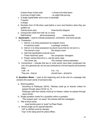 23
A beam three inches wide - a three-inch-wide beam
A journey of eight miles - an eight-mile journey
c. A single capital letter and a noun or participle
T-square
V-shape
d. Numbers from 21-99 when used before a noun and fractions when they are
spelled out.
Twenty-seven jobs three-fourths kilogram
e. Compounds made from half, all, or cross
Half-finished all-encompassing cross-country
5. Apostrophe – used to indicate possession, contraction, and some plurals.
a. Possession
1. Add an ‘s to show possession by singular nouns
A machine’s parts a package’ contents
2. Add an ‘s to show possession by plural nouns that do not end in s.
The women’s club the sheep’s brain
3. Add only apostrophe to plural nouns
Three machines’ parts the companies’ managers
4. Proper names that end in s, use the same rules.
Ted Jones’ job The Joneses’ banana plantation
b. Contractions – indicate that two or more words have been condensed into
one. As a general rule, do not use contractions in formal reports and business
letter.
I will – I’ll It is – it’s
They are – they’re should have – should’ve
6. Quotation Marks – used at the beginning and at the end of a passage that
contains the exact words of someone else.
a. Direct quotation
According to Padduyao (2014), “Nobody could go to heaven unless he
passes through Jesus Christ” (p. 7).
Padduyao said that nobody could go to heaven unless he passes through
Jesus Christ.
b. Single quotation marks for a quotation within a quotation
“The suspect said, ‘run away’” the witness told the investigator.
c. Title of short works
Jose favorite poem is “putol” by Pepe Pepito
d. Words single out for special attention.
“Lift” is a British word for elevator
“Cop” is the slang word for police officer.
 