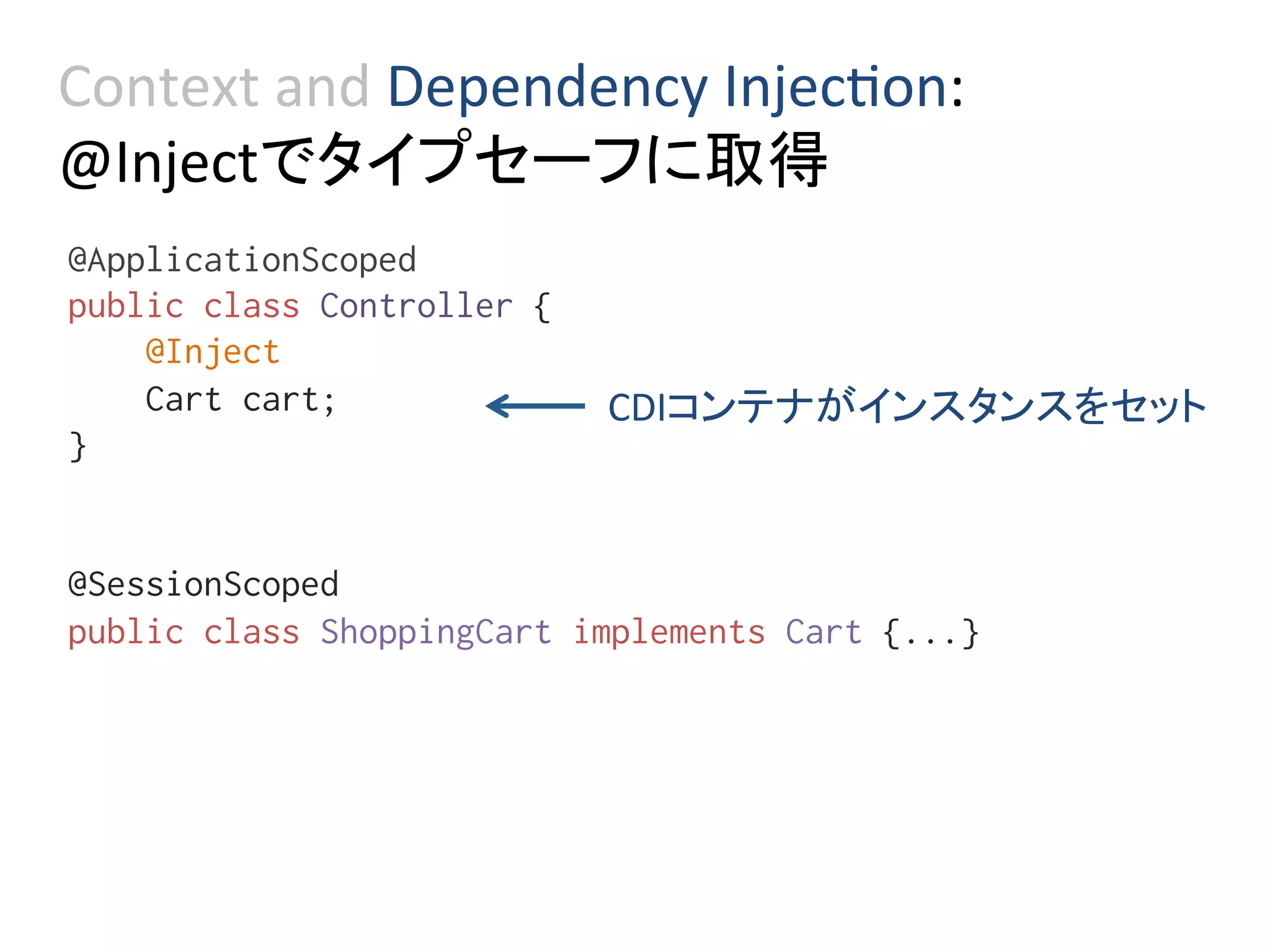 Context	and	Dependency	Injec0on:	
@Injectでタイプセーフに取得	
@ApplicationScoped%
public class Controller {%
@Inject%
Cart cart;%
}%
%
%
@SessionScoped%
public class ShoppingCart implements Cart {...}%
%
CDIコンテナがインスタンスをセット	
 