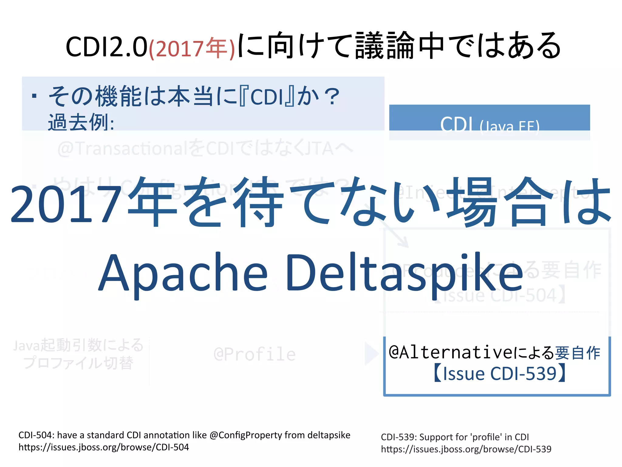 CDI2.0(2017年)に向けて議論中ではある	
CDI	(Java	EE)	
@Inject,	@Interceptor	
プロパティ管理	
@Value,
@PropertySource%
@Producesによる要自作	
Java起動引数による	
プロファイル切替	
@Profile	
CDI-504:	have	a	standard	CDI	annota0on	like	@ConﬁgProperty	from	deltapsike	
hkps://issues.jboss.org/browse/CDI-504	
CDI-539:	Support	for	'proﬁle'	in	CDI	
hkps://issues.jboss.org/browse/CDI-539	
【Issue	CDI-504】	
@Alternativeによる要自作	
【Issue	CDI-539】	
Spring	Framework	
@Autowired,	@Aspect%DI/AOP	
・ その機能は本当に『CDI』か？	
				過去例:	
						@Transac0onalをCDIではなくJTAへ	
・ やはり	Conﬁgra0on	JSR	では？	
2017年を待てない場合は	
Apache	Deltaspike	
 