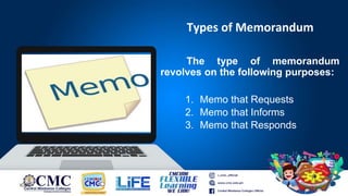 Types of Memorandum
The type of memorandum
revolves on the following purposes:
1. Memo that Requests
2. Memo that Informs
3. Memo that Responds
IOBC
 