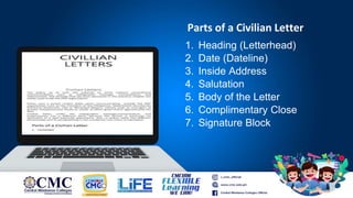 Parts of a Civilian Letter
1. Heading (Letterhead)
2. Date (Dateline)
3. Inside Address
4. Salutation
5. Body of the Letter
6. Complimentary Close
7. Signature Block
 
