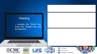 – includes the To/For line,
From line, Subject line, and
the Date line
Heading
 
