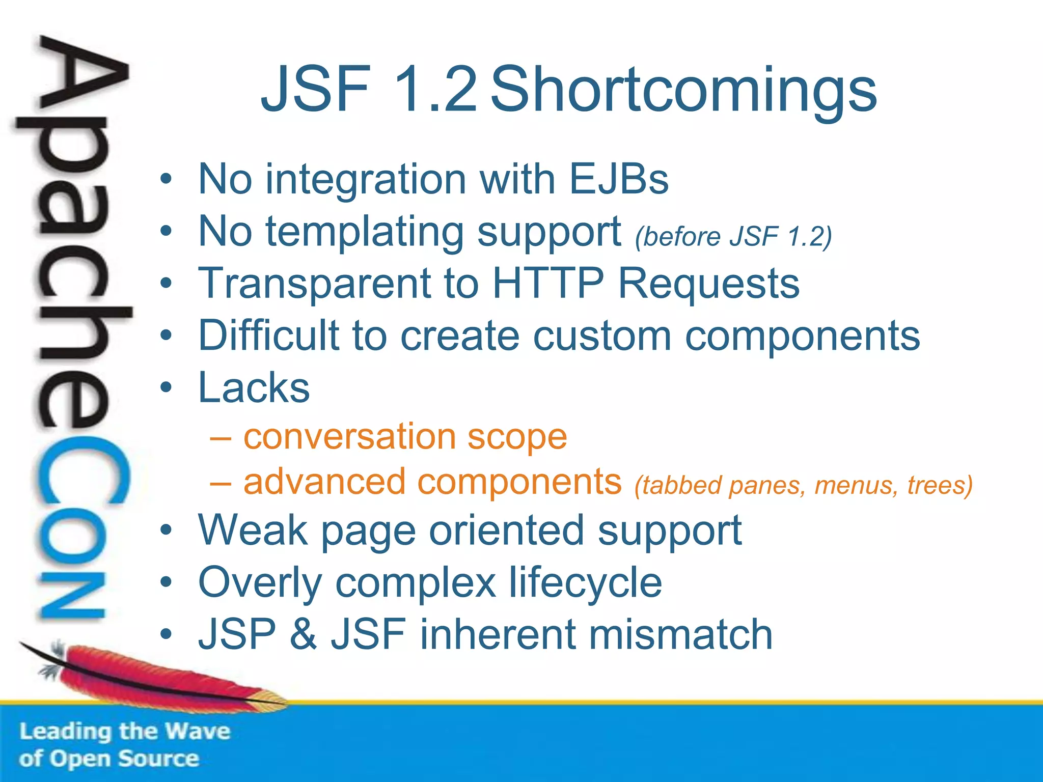 JSF 1.2 Shortcomings
• No integration with EJBs
• No templating support (before JSF 1.2)
• Transparent to HTTP Requests
• Difficult to create custom components
• Lacks
– conversation scope
– advanced components (tabbed panes, menus, trees)
• Weak page oriented support
• Overly complex lifecycle
• JSP & JSF inherent mismatch
 