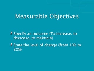 Measurable Objectives

Specify an outcome (To increase, to
decrease, to maintain)
State the level of change (from 10% to
20%)
 