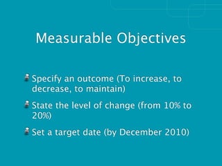 Measurable Objectives

Specify an outcome (To increase, to
decrease, to maintain)
State the level of change (from 10% to
20%)
Set a target date (by December 2010)
 