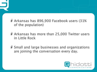 Arkansas has 896,900 Facebook users (31%
of the population)

Arkansas has more than 25,000 Twitter users
in Little Rock

Small and large businesses and organizations
are joining the conversation every day.
 