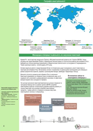 Географія нашої діяльності

Канада,Федерація
Канадських муніципалітетів,
проект МЕРМ та РЕОП

Нідерланди, Агенція
міжнародного співробітництва,
розробка спільного проекту

Словаччина, співпраця
в напрямку створення
заводу по переробці ТПВ

Швейцарія, UCI - Міжнародний
Союз Велосипедистів, розвиток
велоінфраструктури

Польща, співпраця у
напрямку розвитку
індустріального туризму

Китай, Хань Дань,
інвестиційний проект

Міжнародна співпраця та діяльність по залученню інвестицій
Кривий Ріг - місто-партнер канадського Проекту «Місцевий економічний розвиток міст України (МЕРМ). Згідно
договору між представниками Проекту, Криворізькою міською радою та «Інститутом розвитку міста Кривого Рогу»,
відбувається спільна реалізація демопроекту «Маркетингова стратегія міста та інструменти її впровадження».
Термін реалізації проекту - лютий-грудень 2013 року.
Активно ведеться діалог із представниками Китаю та Словаччини щодо їх входження у якості інвесторів на
територію міста Кривого Рогу. Встановлено зв’язки з іноземними та українськими організаціями для співпраці в
рамках пріоритетних проектів, зокрема з організаціями Канади, Швейцарії, Нідерландів, Польщі.
Діяльність Інституту розвитку міста Кривого Рогу із залучення
інвестицій спрямована на створення таких оптимальних умов, які б
надавали місту можливість диверсифікувати економіку та ефективно
використовувати його конкурентні переваги.

Інвестиційні продукти Інституту
розвитку міста Кривого рогу:
- Концепція створення індустріального
парку «Кривбас»;
- Інвестиційні пропозиції «Тепличне
господарство», «Центр сучасного
мистецтва», «Криворізька мінеральна
вода»;
- Проекти розвитку - 8 проектів на суму
97 874,00 євро;
- Алгоритм входження іноземного
інвестора;
- Алгоритм супроводу іноземного
інвестора.

4

На сьогодні залучення інвестицій реалізується шляхом створення та
просування бренду міста в рамках проекту МЕРМ; розробки
інвестиційних проектів та пропозицій; розробки проектів розвитку та
пошуку інвесторів та/чи донорів; розробки інвестиційних
продуктів - триває робота зі створення путівника інвестора,
інвестиційного паспорту та бренд-буку.
Розроблено 3 Інвестиційні
пропозиції:
«Центр сучасного мистецтва»,
«Центр мануальної терапії»,
«Тепличне господарство»,
«Криворізька мінеральна вода»

’
Встановлено звязки та
налагоджено співпрацю з:
Агенціями та інституціями місцевого
розвитку України, Канади, Нідерландів;
Посольствами Швеції, США та Словаччини
в Україні;
ICLD - Міжнародним Центром Місцевої
Демократії, Швеція;
Global City Indicators Facility, Канада;
організаціями української Діаспори та
міжнародними велоорганізаціями.

портфель розроблених
проектів розвитку

12 млн гривень

вартість Інвестиційного
вартість інвестиційної
пропозиції «Тепличне
проекту «Тепличне
Створено Концепцію
господарство»
індустріального
Індустріального парку
97 874 EUR
в місті Кривому Розі
портфель розроблених
проектів розвитку

Інститут розвитку
міста Кривого Рогу

 