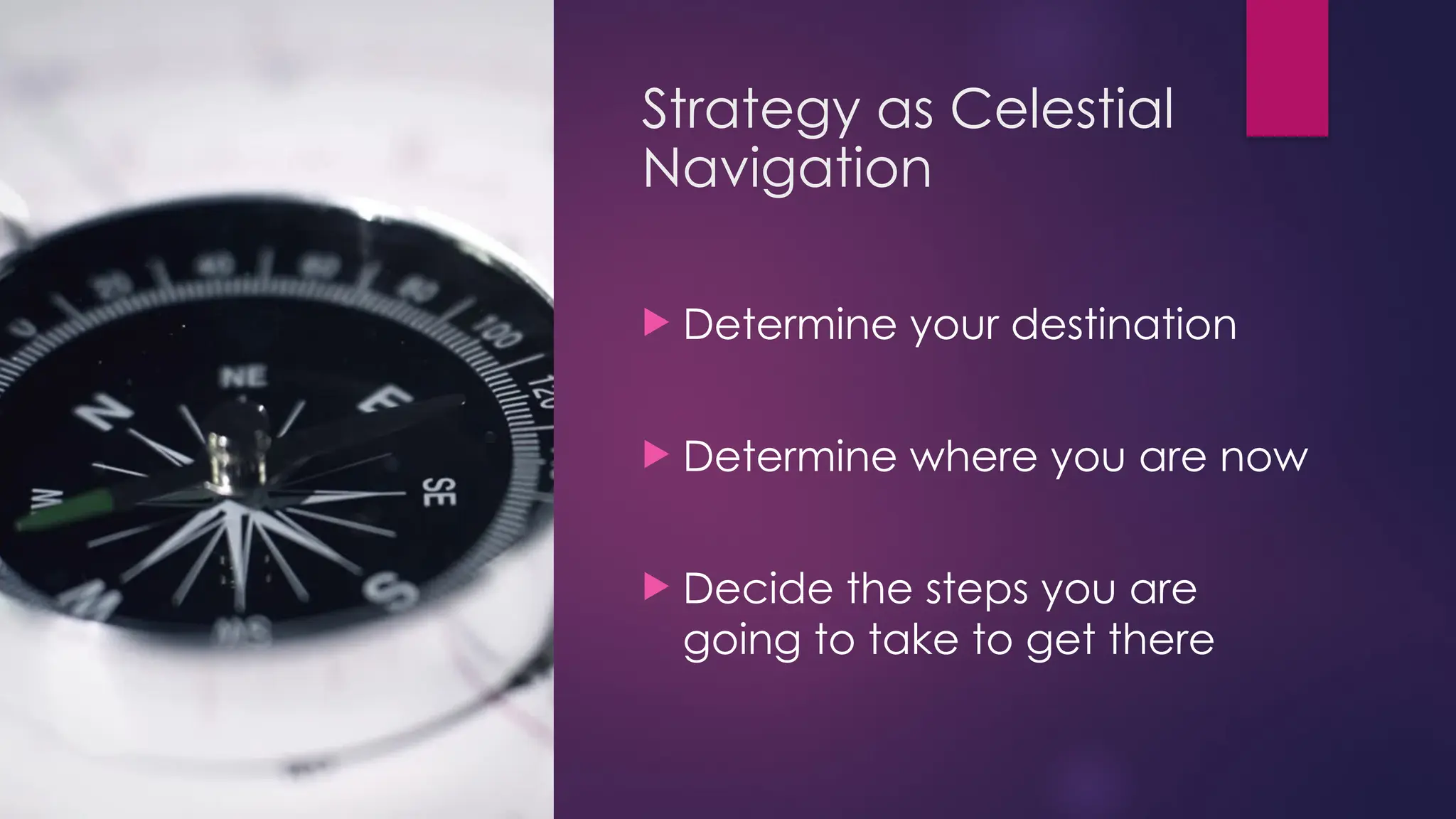 Strategy as Celestial
Navigation
 Determine your destination
 Determine where you are now
 Decide the steps you are
going to take to get there
 