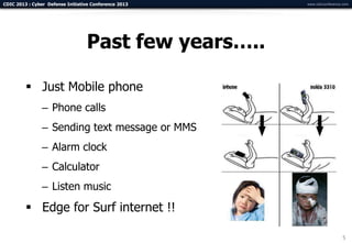 CDIC 2013 : Cyber Defense Initiative Conference 2013   www.cdicconference.com




                                  Past few years…..

          Just Mobile phone
                – Phone calls
                – Sending text message or MMS
                – Alarm clock
                – Calculator
                – Listen music
          Edge for Surf internet !!

                                                                         5
 