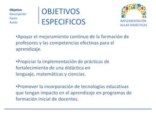 Objetivo
Descripción     OBJETIVOS
Fases
Aulas           ESPECIFICOS                        IMPLEMENTACIÓN
                                                   AULAS DIDÁCTICAS


    •Apoyar el mejoramiento continuo de la formación de
    profesores y las competencias efectivas para el
    aprendizaje.

    •Propiciar la implementación de prácticas de
    fortalecimiento de una didáctica en
    lenguaje, matemáticas y ciencias.

    •Promover la incorporación de tecnologías educativas
    que tengan impacto en el aprendizaje en programas de
    formación inicial de docentes.
 