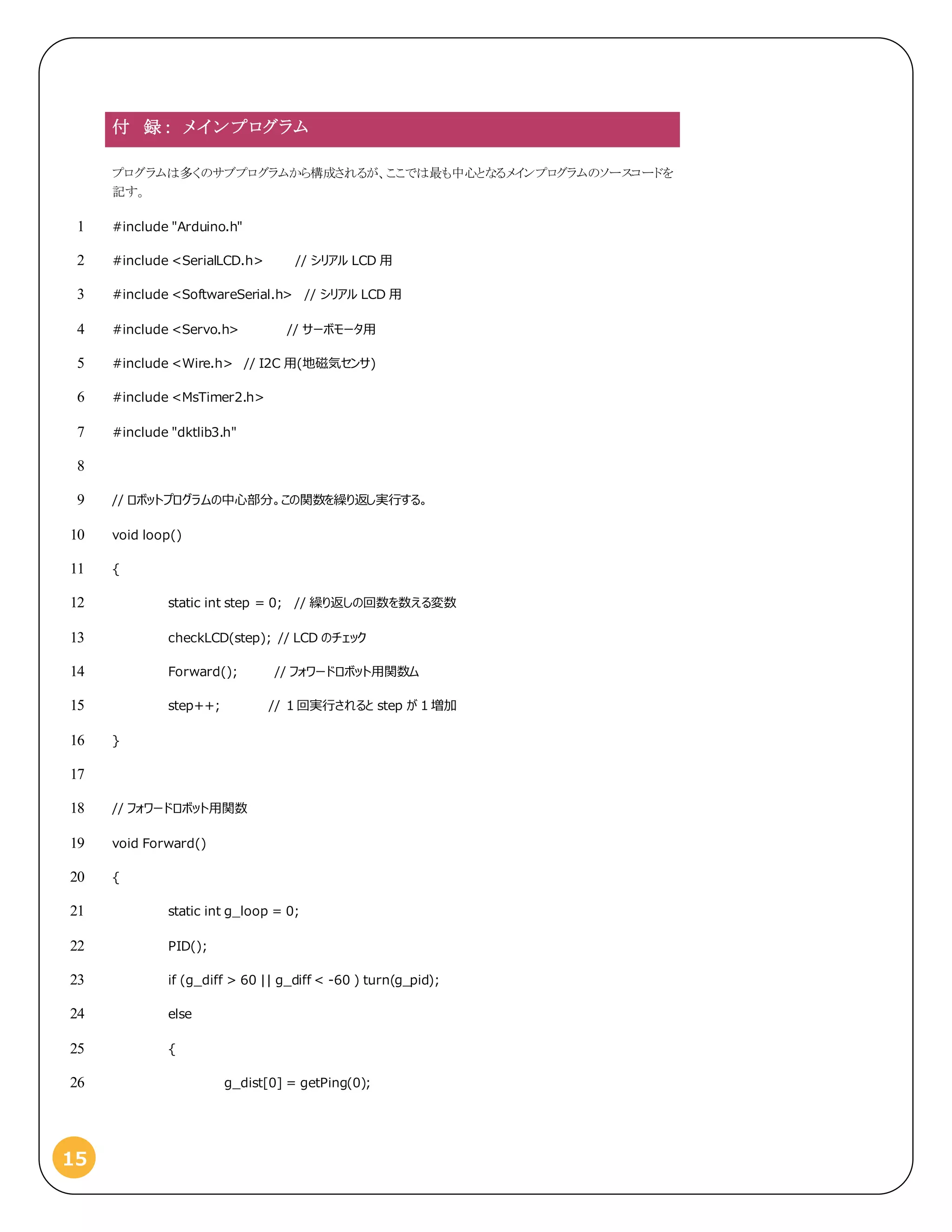 15
付 録： メイ ンプログラム
プログラムは多くのサブプログラムから構成されるが、ここでは最も中心となるメインプログラムのソースコードを
記す。
#include "Arduino.h"1
#include <SerialLCD.h> // シリアル LCD 用2
#include <SoftwareSerial.h> // シリアル LCD 用3
#include <Servo.h> // サーボモータ用4
#include <Wire.h> // I2C 用(地磁気センサ)5
#include <MsTimer2.h>6
#include "dktlib3.h"7
8
// ロボットプログラムの中心部分。この関数を繰り返し実行する。9
void loop()10
{11
static int step = 0; // 繰り返しの回数を数える変数12
checkLCD(step); // LCD のチェック13
Forward(); // フォワードロボット用関数ム14
step++; // １回実行されると step が 1 増加15
}16
17
// フォワードロボット用関数18
void Forward()19
{20
static int g_loop = 0;21
PID();22
if (g_diff > 60 || g_diff < -60 ) turn(g_pid);23
else24
{25
g_dist[0] = getPing(0);26
 