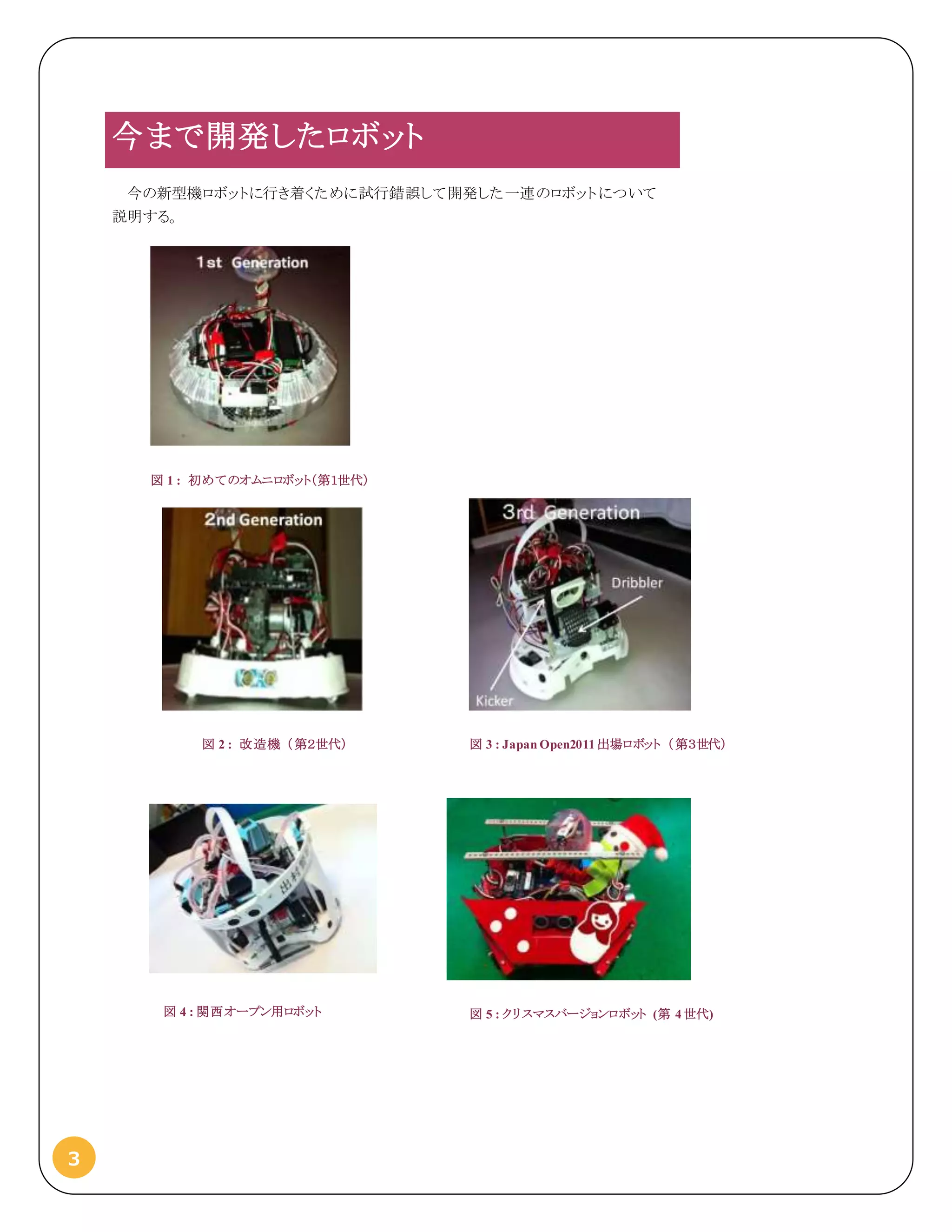 3
今まで開発したロボット
今の新型機ロボットに行き着くために試行錯誤して開発した一連のロボットについて
説明する。
図 1 : 初めてのオムニロボット（第１世代）
図 2 : 改造機 （第２世代） 図 3 : Japan Open2011 出場ロボット （第３世代）
図 5 : クリスマスバージョンロボット (第 4世代)図 4 : 関西オープン用ロボット
 