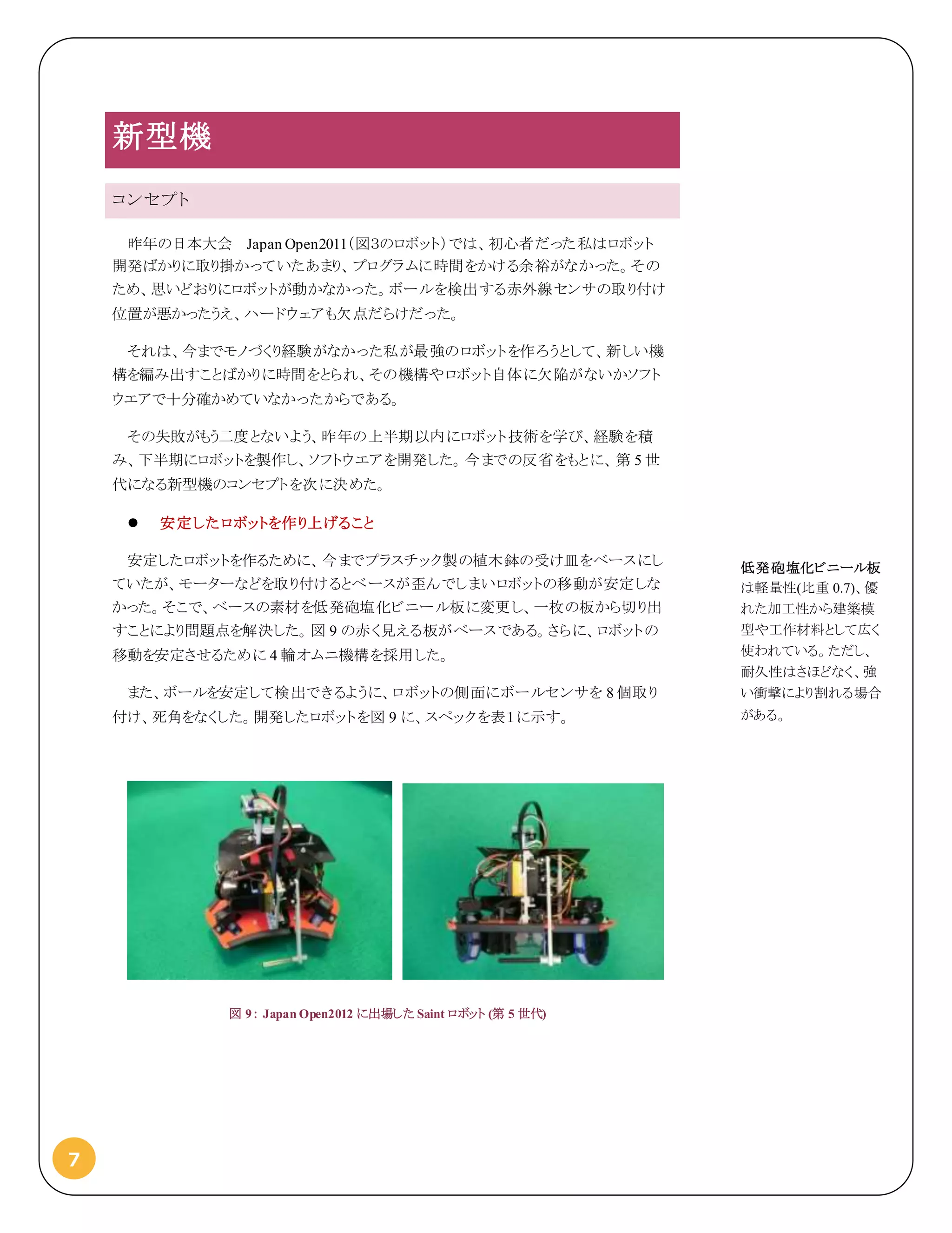 7
新型機
コンセプト
昨年の日本大会 Japan Open2011（図３のロボット）では、初心者だった私はロボット
開発ばかりに取り掛かっていたあまり、プログラムに時間をかける余裕がなかった。その
ため、思いどおりにロボットが動かなかった。ボールを検出する赤外線センサの取り付け
位置が悪かったうえ、ハードウェアも欠点だらけだった。
それは、今までモノづくり経験がなかった私が最強のロボットを作ろうとして、新しい機
構を編み出すことばかりに時間をとられ、その機構やロボット自体に欠陥がないかソフト
ウエアで十分確かめていなかったからである。
その失敗がもう二度とないよう、昨年の上半期以内にロボット技術を学び、経験を積
み、下半期にロボットを製作し、ソフトウエアを開発した。今までの反省をもとに、第 5 世
代になる新型機のコンセプトを次に決めた。
 安定したロボットを作り上げること
安定したロボットを作るために、今までプラスチック製の植木鉢の受け皿をベースにし
ていたが、モーターなどを取り付けるとベースが歪んでしまいロボットの移動が安定しな
かった。そこで、ベースの素材を低発砲塩化ビニール板に変更し、一枚の板から切り出
すことにより問題点を解決した。図 9 の赤く見える板がベースである。さらに、ロボットの
移動を安定させるために 4 輪オムニ機構を採用した。
また、ボールを安定して検出できるように、ロボットの側面にボールセンサを 8 個取り
付け、死角をなくした。開発したロボットを図 9 に、スペックを表１に示す。
図 9： Japan Open2012 に出場した Saint ロボット (第 5 世代)
低発砲塩化ビニール板
は軽量性(比重 0.7)、優
れた加工性から建築模
型や工作材料として広く
使われている。ただし、
耐久性はさほどなく、強
い衝撃により割れる場合
がある。
 