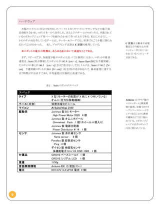 9
ハードウェア
市販のマイコンに自分で切り出したベース（土台）やマイコンやセンサなどの電子部
品を組み合わせ、ロボットを一から自作した。ほとんどのチームのロボットは、市販されて
いるロボカップジュニア用パーツを組み合わせて作ったものである。私はこのように、一
からロボットを自作しているチームは、サッカーA リーグでは、世界でもごく少数に限られ
るということがわかった。 また、プログラミング言語は C 言語 を使用している。
本ロボットの最大の特徴は、あらゆる面において高速なことである。
まず、スピードだが、加速度が他のロボットと比べて圧倒的に大きい。ロボットの最高
速度は、Saint（私が開発したロボット）が 143.9 [cm / s]、Japan Open2012 を予選突破し
たロボットの多くが 146.5 [cm / s]とさほど差はない。だが、トルクは、Saint が 86.2 [N・
cm], 予選突破ロボットが 38.4 [N・ cm]と 約 2.3 倍の差があるので、最高速度に達する
まで時間が半分以下であり、平均速度は圧倒的に高速である。
スペック
タイプ X 型（モーターの配置が X 状に 4 つ付いている）
オムニ（全方位移動機構）
ベース（土台） 低発泡塩化ビニール
マイコン Arduino Mega 2560
駆動系 Joinmax 製 DC モーター
High Power Motor 3526: 4 個
Joinmax 製 オムニホイール
Omniwheel Pack ：1 個 (ホイール 4 個入り）
Joinmax 製 電源分配器
Power Distributor 4114： 1 個
センサ Joinmax 製 赤外線センサ
flame sensor : 8 個
Parallax 製 超音波センサ
Ping : 4 個
ダイセン製 地磁気センサ
多機能電子コンパス DSR-1005 1 個
付属品 GROVE ベースシールド 1 個
GROVE シリアル LCD 1 個
重量 1150g
言語開発環境 Arduino IDE (C 言語/C++)
電圧 DC13.2V (LiFePO4 電池 2 個)
表１： Saint ロボットのスペック
C 言語は自動車や家電
製品などの組み込み用
コンピュータに広くつか
われているコンピュータ
言語である。
Arduino はイタリア製の
マイコンボートと開発環
境の総称。安価でありオ
ープンソースのハードウ
ェアであることから教育
や趣味などで広く使わ
れている。ロボカップジ
ュニアの自作ロボットで
は良く使われている。
 