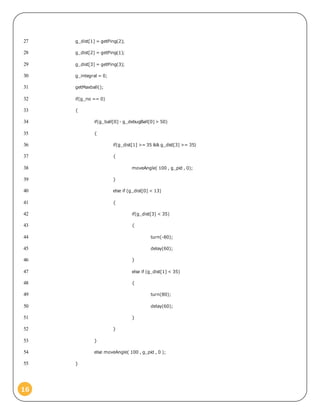 16
g_dist[1] = getPing(2);27
g_dist[2] = getPing(1);28
g_dist[3] = getPing(3);29
g_integral = 0;30
getMaxball();31
if(g_no == 0)32
{33
if(g_ball[0] - g_debugBall[0] > 50)34
{35
if(g_dist[1] >= 35 && g_dist[3] >= 35)36
{37
moveAngle( 100 , g_pid , 0);38
}39
else if (g_dist[0] < 13)40
{41
if(g_dist[3] < 35)42
{43
turn(-80);44
delay(60);45
}46
else if (g_dist[1] < 35)47
{48
turn(80);49
delay(60);50
}51
}52
}53
else moveAngle( 100 , g_pid , 0 );54
}55
 