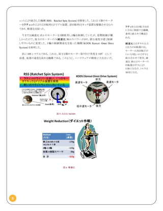 5
ェットにより統合した機構（RSS: Ratchet Spin System）を開発した。これは 1 個のモータ
ーをラチェットにより正回転時はドリブル装置、逆回転時はキック装置を駆動させるもの
であり、軽量化を図った。
今までは減速比 15:1 のモーターを３個使用し３輪を制御していたが、姿勢制御が難
しかったので、後方のモーターのみ減速比 30:1 のパワーがあり、進む速度が遅く制御
しやすいものに変更した、3 輪の制御簡易化を狙った機構（KODS：Kensei Omni Drive
System）を発明した。
次に 105 システムである。これは、前方２個のモーター取り付け角度を 105°にして
前進、後進の速度を高める機構である。このように、ハードウェアの開発に力を注いだ。
図 5 : ＲＳＳと KODS
図 6：軽量化
ラチットとは回転方向を
1 方向に制限する機構。
歯車と歯止めで構成さ
れる。
減速比とはギヤの入力
と出力の回転数の比。
モーターは高回転だが
トルクが低いのでギヤと
組み合わせて使用。減
速比 30:1 はモーターの
回転数がギヤにより
1/30 になるが、トルクは
30 倍になる。
 