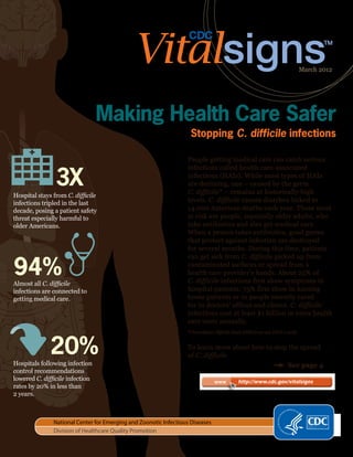 March 2012




                                 Making Health Care Safer
                                                                    Stopping C. difficile infections

                                                                  People getting medical care can catch serious


                3X
                                                                  infections called health care-associated
                                                                  infections (HAIs). While most types of HAIs
                                                                  are declining, one – caused by the germ
                                                                  C. difficile* – remains at historically high
Hospital stays from C. difficile
infections tripled in the last                                    levels. C. difficile causes diarrhea linked to
decade, posing a patient safety                                   14,000 American deaths each year. Those most
threat especially harmful to                                      at risk are people, especially older adults, who
older Americans.                                                  take antibiotics and also get medical care.
                                                                  When a person takes antibiotics, good germs
                                                                  that protect against infection are destroyed
                                                                  for several months. During this time, patients


94%
                                                                  can get sick from C. difficile picked up from
                                                                  contaminated surfaces or spread from a
                                                                  health care provider’s hands. About 25% of
Almost all C. difficile                                           C. difficile infections first show symptoms in
infections are connected to                                       hospital patients; 75% first show in nursing
getting medical care.                                             home patients or in people recently cared
                                                                  for in doctors’ offices and clinics. C. difficile
                                                                  infections cost at least $1 billion in extra health
                                                                  care costs annually.
                                                                  *Clostridium difficile (klah-STRID-ee-um DIFF-i-seel)



              20%
Hospitals following infection
                                                                  To learn more about how to stop the spread
                                                                  of C. difficile
                                                                  				                           See page 4
control recommendations
lowered C. difficile infection                                            	    www        http://www.cdc.gov/vitalsigns
rates by 20% in less than
2 years.



               National Center for Emerging and Zoonotic Infectious Diseases
               Division of Healthcare Quality Promotion
                                                                                                                                   1
 