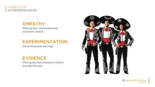 © All Rights Reserved
@JeremiahGardner
THREE E’S OF
ENTREPRENEURSHIP
EMPATHY
Shifting your view to become
customer-centric.
EXPERIMENTATION
Generating new learning.
EVIDENCE
Making decisions based on what’s
actually learned.
 