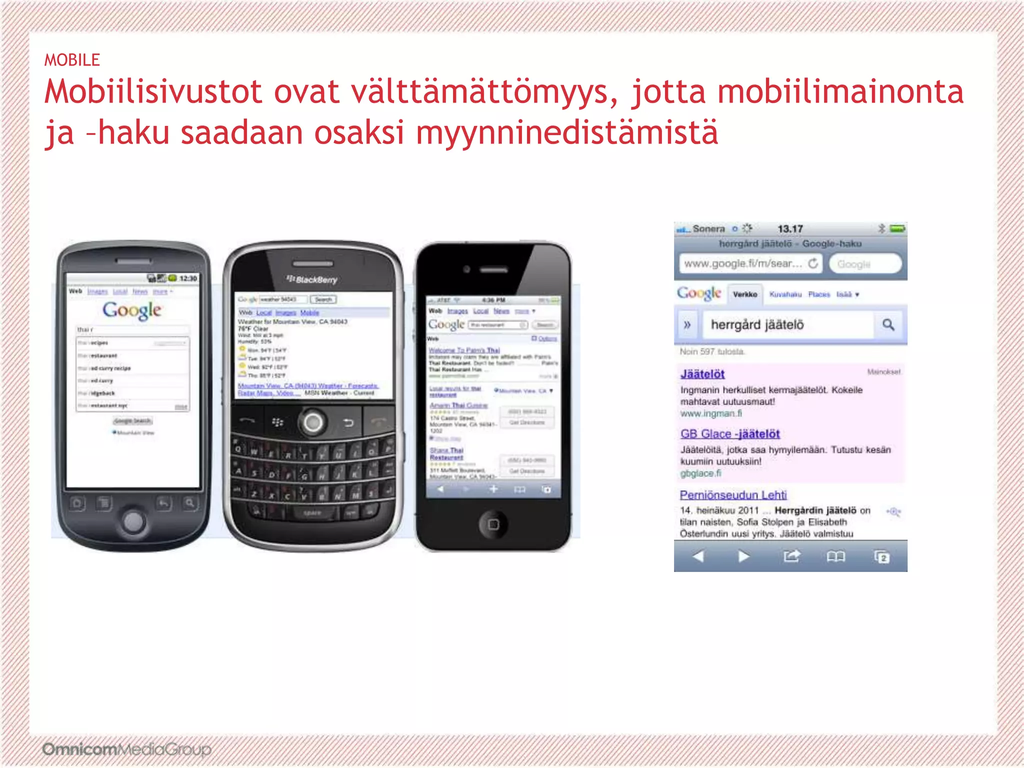 MOBILE
Mobiilisivustot ovat välttämättömyys, jotta mobiilimainonta
ja –haku saadaan osaksi myynninedistämistä
 
