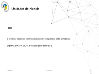 09/15/2025 By Rui Ferreira 10
Unidades de Medida
BIT
É o menor pacote de informações que um computador pode armazenar.
Significa BINARY DIGIT. Seu valor pode ser 0 ou 1.
 
