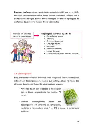 28
Produtos desfiados: devem ser desfiados a quente ( 65ºC) ou a frio ( 10ºC).
Utilização de luvas descartáveis e o mais próximo possível da confeção final e
distribuição da refeição. Entre o fim da confeção e o fim das operações de
desfiar não deve decorrer mais de 1 hora e 30minutos.
3.4. Descongelação
Frequentemente ocorre que alimentos ainda congelados são cozinhados sem
estarem bem descongelados. Levando a que as temperaturas no interior dos
alimentos durante a confeção não atinjam valores seguros.
 Alimentos devem ser colocados a descongelar
com a devida antecedência (no máximo 72
horas);
 Produtos descongelados devem ser
descongelados em ambiente de refrigeração,
mantendo a temperatura entre 1 e 4ºC e nunca à temperatura
ambiente;
Proibido em ementas
para crianças e idosos
Preparações culinárias a partir de:
• Carne fresca picada;
• Alheiras;
• Chouriço de sangue;
• Chouriço mouro;
• Morcelas;
• Salsichas frescas;
• Língua de vaca;
• Transformados produzidos na unidade.
 