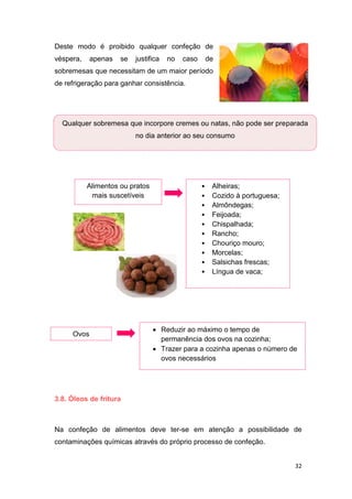32
Deste modo é proibido qualquer confeção de
véspera, apenas se justifica no caso de
sobremesas que necessitam de um maior período
de refrigeração para ganhar consistência.
3.8. Óleos de fritura
Na confeção de alimentos deve ter-se em atenção a possibilidade de
contaminações químicas através do próprio processo de confeção.
Qualquer sobremesa que incorpore cremes ou natas, não pode ser preparada
no dia anterior ao seu consumo
Alimentos ou pratos
mais suscetíveis
• Alheiras;
• Cozido à portuguesa;
• Almôndegas;
• Feijoada;
• Chispalhada;
• Rancho;
• Chouriço mouro;
• Morcelas;
• Salsichas frescas;
• Língua de vaca;
Ovos
 Reduzir ao máximo o tempo de
permanência dos ovos na cozinha;
 Trazer para a cozinha apenas o número de
ovos necessários
 
