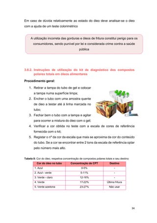 34
Em caso de dúvida relativamente ao estado do óleo deve analisar-se o óleo
com a ajuda de um teste colorimétrico
3.8.2. Instruções de utilização do kit de diagnóstico dos compostos
polares totais em óleos alimentares
Procedimento geral:
1. Retirar a tampa do tubo de gel e colocar
a tampa numa superfície limpa;
2. Encher o tubo com uma amostra quente
de óleo a testar até à linha marcada no
tubo;
3. Fechar bem o tubo com a tampa e agitar
para ocorrer a mistura do óleo com o gel;
4. Verificar a cor obtida no teste com a escala de cores de referência
fornecida com o kit;
5. Registar o nº da cor da escala que mais se aproxima da cor do conteúdo
do tubo. Se a cor se encontrar entre 2 tons da escala de referência optar
pelo número mais alto.
Tabela 8: Cor do óleo, respetiva concentração de compostos polares totais e seu destino
Cor do óleo no tubo Concentração de CPT Destino
1. Azul 0-5% -
2. Azul - verde 5-11% -
3. Verde - claro 12-16% -
4. Verde 17-22% Última fritura
5. Verde azeitona 23-27% Não usar
A utilização incorreta das gorduras e óleos de fritura constitui perigo para os
consumidores, sendo punível por lei e considerada crime contra a saúde
pública
 