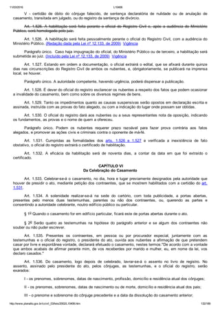 11/03/2016 L10406
http://www.planalto.gov.br/ccivil_03/leis/2002/L10406.htm 132/189
V  ­  certidão  de  óbito  do  cônjuge  falecido,  de  sentença  declaratória  de  nulidade  ou  de  anulação  de
casamento, transitada em julgado, ou do registro da sentença de divórcio.
Art.  1.526.  A  habilitação  será  feita  perante  o  oficial  do  Registro  Civil  e,  após  a  audiência  do  Ministério
Público, será homologada pelo juiz.
Art. 1.526.  A habilitação será feita pessoalmente perante o oficial do Registro Civil, com a audiência do
Ministério Público. (Redação dada pela Lei nº 12.133, de 2009)  Vigência
Parágrafo único.  Caso haja impugnação do oficial, do Ministério Público ou de terceiro, a habilitação será
submetida ao juiz. (Incluído pela Lei nº 12.133, de 2009)  Vigência
Art. 1.527. Estando em ordem a documentação, o oficial extrairá o edital, que se afixará durante quinze
dias nas circunscrições do Registro Civil de ambos os nubentes, e, obrigatoriamente, se publicará na imprensa
local, se houver.
Parágrafo único. A autoridade competente, havendo urgência, poderá dispensar a publicação.
Art. 1.528. É dever do oficial do registro esclarecer os nubentes a respeito dos fatos que podem ocasionar
a invalidade do casamento, bem como sobre os diversos regimes de bens.
Art. 1.529. Tanto os impedimentos quanto as causas suspensivas serão opostos em declaração escrita e
assinada, instruída com as provas do fato alegado, ou com a indicação do lugar onde possam ser obtidas.
Art. 1.530. O oficial do registro dará aos nubentes ou a seus representantes nota da oposição, indicando
os fundamentos, as provas e o nome de quem a ofereceu.
Parágrafo  único.  Podem  os  nubentes  requerer  prazo  razoável  para  fazer  prova  contrária  aos  fatos
alegados, e promover as ações civis e criminais contra o oponente de má­fé.
Art.  1.531.  Cumpridas  as  formalidades  dos  arts.  1.526  e  1.527  e  verificada  a  inexistência  de  fato
obstativo, o oficial do registro extrairá o certificado de habilitação.
Art.  1.532.  A  eficácia  da  habilitação  será  de  noventa  dias,  a  contar  da  data  em  que  foi  extraído  o
certificado.
 CAPÍTULO VI
Da Celebração do Casamento
Art. 1.533. Celebrar­se­á o casamento, no dia, hora e lugar previamente designados pela autoridade que
houver de presidir o ato, mediante petição dos contraentes, que se mostrem habilitados com a certidão do art.
1.531.
Art.  1.534.  A  solenidade  realizar­se­á  na  sede  do  cartório,  com  toda  publicidade,  a  portas  abertas,
presentes  pelo  menos  duas  testemunhas,  parentes  ou  não  dos  contraentes,  ou,  querendo  as  partes  e
consentindo a autoridade celebrante, noutro edifício público ou particular.
§ 1o Quando o casamento for em edifício particular, ficará este de portas abertas durante o ato.
§  2o  Serão  quatro  as  testemunhas  na  hipótese  do  parágrafo  anterior  e  se  algum  dos  contraentes  não
souber ou não puder escrever.
Art.  1.535.  Presentes  os  contraentes,  em  pessoa  ou  por  procurador  especial,  juntamente  com  as
testemunhas  e  o  oficial  do  registro,  o  presidente  do  ato,  ouvida  aos  nubentes  a  afirmação  de  que  pretendem
casar por livre e espontânea vontade, declarará efetuado o casamento, nestes termos:"De acordo com a vontade
que ambos acabais de afirmar perante mim, de vos receberdes por marido e mulher, eu, em nome da lei, vos
declaro casados."
Art.  1.536.  Do  casamento,  logo  depois  de  celebrado,  lavrar­se­á  o  assento  no  livro  de  registro.  No
assento,  assinado  pelo  presidente  do  ato,  pelos  cônjuges,  as  testemunhas,  e  o  oficial  do  registro,  serão
exarados:
I ­ os prenomes, sobrenomes, datas de nascimento, profissão, domicílio e residência atual dos cônjuges;
II ­ os prenomes, sobrenomes, datas de nascimento ou de morte, domicílio e residência atual dos pais;
III ­ o prenome e sobrenome do cônjuge precedente e a data da dissolução do casamento anterior;
 