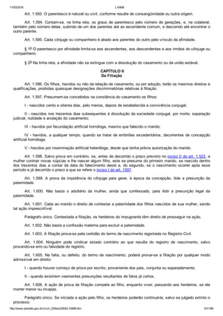 11/03/2016 L10406
http://www.planalto.gov.br/ccivil_03/leis/2002/L10406.htm 141/189
Art. 1.593. O parentesco é natural ou civil, conforme resulte de consangüinidade ou outra origem.
Art. 1.594. Contam­se, na linha reta, os graus de parentesco pelo número de gerações, e, na colateral,
também pelo número delas, subindo de um dos parentes até ao ascendente comum, e descendo até encontrar o
outro parente.
Art. 1.595. Cada cônjuge ou companheiro é aliado aos parentes do outro pelo vínculo da afinidade.
§ 1o O parentesco por afinidade limita­se aos ascendentes, aos descendentes e aos irmãos do cônjuge ou
companheiro.
§ 2o Na linha reta, a afinidade não se extingue com a dissolução do casamento ou da união estável.
 CAPÍTULO II
Da Filiação
Art. 1.596. Os filhos, havidos ou não da relação de casamento, ou por adoção, terão os mesmos direitos e
qualificações, proibidas quaisquer designações discriminatórias relativas à filiação.
Art. 1.597. Presumem­se concebidos na constância do casamento os filhos:
I ­ nascidos cento e oitenta dias, pelo menos, depois de estabelecida a convivência conjugal;
II ­ nascidos nos trezentos dias subsequentes à dissolução da sociedade conjugal, por morte, separação
judicial, nulidade e anulação do casamento;
III ­ havidos por fecundação artificial homóloga, mesmo que falecido o marido;
IV ­ havidos, a qualquer tempo, quando se tratar de embriões excedentários, decorrentes de concepção
artificial homóloga;
V ­ havidos por inseminação artificial heteróloga, desde que tenha prévia autorização do marido.
Art. 1.598. Salvo prova em contrário, se, antes de decorrido o prazo previsto no inciso II do art. 1.523, a
mulher contrair novas núpcias e lhe nascer algum filho, este se presume do primeiro marido, se nascido dentro
dos  trezentos  dias  a  contar  da  data  do  falecimento  deste  e,  do  segundo,  se  o  nascimento  ocorrer  após  esse
período e já decorrido o prazo a que se refere o inciso I do art. 1597.
Art.  1.599.  A  prova  da  impotência  do  cônjuge  para  gerar,  à  época  da  concepção,  ilide  a  presunção  da
paternidade.
Art.  1.600.  Não  basta  o  adultério  da  mulher,  ainda  que  confessado,  para  ilidir  a  presunção  legal  da
paternidade.
Art. 1.601. Cabe ao marido o direito de contestar a paternidade dos filhos nascidos de sua mulher, sendo
tal ação imprescritível.
Parágrafo único. Contestada a filiação, os herdeiros do impugnante têm direito de prosseguir na ação.
Art. 1.602. Não basta a confissão materna para excluir a paternidade.
Art. 1.603. A filiação prova­se pela certidão do termo de nascimento registrada no Registro Civil.
Art.  1.604.  Ninguém  pode  vindicar  estado  contrário  ao  que  resulta  do  registro  de  nascimento,  salvo
provando­se erro ou falsidade do registro.
Art. 1.605. Na falta, ou defeito, do termo de nascimento, poderá provar­se a filiação por qualquer modo
admissível em direito:
I ­ quando houver começo de prova por escrito, proveniente dos pais, conjunta ou separadamente;
II ­ quando existirem veementes presunções resultantes de fatos já certos.
Art. 1.606. A ação de prova de filiação compete ao filho, enquanto viver, passando aos herdeiros, se ele
morrer menor ou incapaz.
Parágrafo único. Se iniciada a ação pelo filho, os herdeiros poderão continuá­la, salvo se julgado extinto o
processo.
 