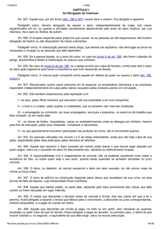 11/03/2016 L10406
http://www.planalto.gov.br/ccivil_03/leis/2002/L10406.htm 69/189
 CAPÍTULO I
Da Obrigação de Indenizar
Art. 927. Aquele que, por ato ilícito (arts. 186 e 187), causar dano a outrem, fica obrigado a repará­lo.
Parágrafo  único.  Haverá  obrigação  de  reparar  o  dano,  independentemente  de  culpa,  nos  casos
especificados  em  lei,  ou  quando  a  atividade  normalmente  desenvolvida  pelo  autor  do  dano  implicar,  por  sua
natureza, risco para os direitos de outrem.
Art. 928. O incapaz responde pelos prejuízos que causar, se as pessoas por ele responsáveis não tiverem
obrigação de fazê­lo ou não dispuserem de meios suficientes.
Parágrafo único. A indenização prevista neste artigo, que deverá ser eqüitativa, não terá lugar se privar do
necessário o incapaz ou as pessoas que dele dependem.
Art. 929. Se a pessoa lesada, ou o dono da coisa, no caso do inciso II do art. 188, não forem culpados do
perigo, assistir­lhes­á direito à indenização do prejuízo que sofreram.
Art. 930. No caso do inciso II do art. 188, se o perigo ocorrer por culpa de terceiro, contra este terá o autor
do dano ação regressiva para haver a importância que tiver ressarcido ao lesado.
Parágrafo único. A mesma ação competirá contra aquele em defesa de quem se causou o dano (art. 188,
inciso I).
Art. 931. Ressalvados outros casos previstos em lei especial, os empresários individuais e as empresas
respondem independentemente de culpa pelos danos causados pelos produtos postos em circulação.
Art. 932. São também responsáveis pela reparação civil:
I ­ os pais, pelos filhos menores que estiverem sob sua autoridade e em sua companhia;
II ­ o tutor e o curador, pelos pupilos e curatelados, que se acharem nas mesmas condições;
III ­ o empregador ou comitente, por seus empregados, serviçais e prepostos, no exercício do trabalho que
lhes competir, ou em razão dele;
IV ­ os donos de hotéis, hospedarias, casas ou estabelecimentos onde se albergue por dinheiro, mesmo
para fins de educação, pelos seus hóspedes, moradores e educandos;
V ­ os que gratuitamente houverem participado nos produtos do crime, até a concorrente quantia.
Art. 933. As pessoas indicadas nos incisos I a V do artigo antecedente, ainda que não haja culpa de sua
parte, responderão pelos atos praticados pelos terceiros ali referidos.
Art.  934.  Aquele  que  ressarcir  o  dano  causado  por  outrem  pode  reaver  o  que  houver  pago  daquele  por
quem pagou, salvo se o causador do dano for descendente seu, absoluta ou relativamente incapaz.
Art.  935.  A  responsabilidade  civil  é  independente  da  criminal,  não  se  podendo  questionar  mais  sobre  a
existência  do  fato,  ou  sobre  quem  seja  o  seu  autor,  quando  estas  questões  se  acharem  decididas  no  juízo
criminal.
Art.  936.  O  dono,  ou  detentor,  do  animal  ressarcirá  o  dano  por  este  causado,  se  não  provar  culpa  da
vítima ou força maior.
Art. 937. O dono de edifício ou construção responde pelos danos que resultarem de sua ruína, se esta
provier de falta de reparos, cuja necessidade fosse manifesta.
Art. 938. Aquele que habitar prédio, ou parte dele, responde pelo dano proveniente das coisas que dele
caírem ou forem lançadas em lugar indevido.
Art.  939.  O  credor  que  demandar  o  devedor  antes  de  vencida  a  dívida,  fora  dos  casos  em  que  a  lei  o
permita, ficará obrigado a esperar o tempo que faltava para o vencimento, a descontar os juros correspondentes,
embora estipulados, e a pagar as custas em dobro.
Art.  940.  Aquele  que  demandar  por  dívida  já  paga,  no  todo  ou  em  parte,  sem  ressalvar  as  quantias
recebidas ou pedir mais do que for devido, ficará obrigado a pagar ao devedor, no primeiro caso, o dobro do que
houver cobrado e, no segundo, o equivalente do que dele exigir, salvo se houver prescrição.
 