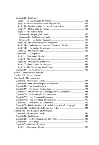 Capítulo II – Do Penhor
				 Seção I – Da Constituição do Penhor ...........................................................321
				 Seção II – Dos Direitos do Credor Pignoratício ...........................................321
				 Seção III – Das Obrigações do Credor Pignoratício ....................................321
				 Seção IV – Da Extinção do Penhor ..............................................................322
				 Seção V – Do Penhor Rural
					 Subseção I – Disposições Gerais ...............................................................322
					 Subseção II – Do Penhor Agrícola .............................................................323
					 Subseção III – Do Penhor Pecuário ...........................................................323
				 Seção VI – Do Penhor Industrial e Mercantil ..............................................324
				 Seção VII – Do Penhor de Direitos e Títulos de Crédito .............................324
				 Seção VIII – Do Penhor de Veículos ............................................................326
				 Seção IX – Do Penhor Legal ........................................................................326
		 Capítulo III – Da Hipoteca
				 Seção I – Disposições Gerais ....................................................................... 327
				 Seção II – Da Hipoteca Legal .......................................................................330
				 Seção III – Do Registro da Hipoteca ............................................................ 330
				 Seção IV – Da Extinção da Hipoteca ...........................................................331
				 Seção V – Da Hipoteca de Vias Férreas .......................................................332
		 Capítulo IV – Da Anticrese .............................................................................332
Livro IV – Do Direito de Família
	 Título I – Do Direito Pessoal
	 Subtítulo I – Do Casamento
			Capítulo I – Disposições Gerais ......................................................................333
			Capítulo II – Da Capacidade para o Casamento .............................................334
			Capítulo III – Dos Impedimentos ....................................................................334
			Capítulo IV – Das Causas Suspensivas ...........................................................335
			Capítulo V – Do Processo de Habilitação para o Casamento .........................335
			Capítulo VI – Da Celebração do Casamento ..................................................336
			Capítulo VII – Das Provas do Casamento .......................................................339
			Capítulo VIII – Da Invalidade do Casamento .................................................339
			Capítulo IX – Da Eficácia do Casamento ........................................................342
			Capítulo X – Da Dissolução da Sociedade e do Vínculo Conjugal ................343
			Capítulo XI – Da Proteção da Pessoa dos Filhos ............................................345
	 Subtítulo II – Das Relações de Parentesco
			Capítulo I – Disposições Gerais ......................................................................346
			Capítulo II – Da Filiação .................................................................................347
			Capítulo III – Do Reconhecimento dos Filhos ................................................348
			Capítulo IV – Da Adoção ................................................................................349
			Capítulo V – Do Poder Familiar
				 Seção I – Disposições Gerais .......................................................................350
 