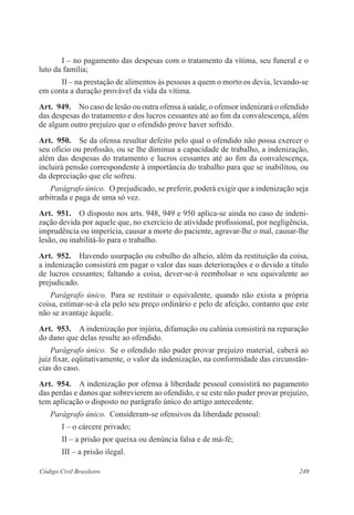 249Código Civil Brasileiro
I – no pagamento das despesas com o tratamento da vítima, seu funeral e o
luto da família;
II – na prestação de alimentos às pessoas a quem o morto os devia, levando-se
em conta a duração provável da vida da vítima.
Art.  949.  No caso de lesão ou outra ofensa à saúde, o ofensor indenizará o ofendido
das despesas do tratamento e dos lucros cessantes até ao fim da convalescença, além
de algum outro prejuízo que o ofendido prove haver sofrido.
Art.  950.  Se da ofensa resultar defeito pelo qual o ofendido não possa exercer o
seu ofício ou profissão, ou se lhe diminua a capacidade de trabalho, a indenização,
além das despesas do tratamento e lucros cessantes até ao fim da convalescença,
incluirá pensão correspondente à importância do trabalho para que se inabilitou, ou
da depreciação que ele sofreu.
Parágrafo único.  O prejudicado, se preferir, poderá exigir que a indenização seja
arbitrada e paga de uma só vez.
Art.  951.  O disposto nos arts. 948, 949 e 950 aplica-se ainda no caso de indeni-
zação devida por aquele que, no exercício de atividade profissional, por negligência,
imprudência ou imperícia, causar a morte do paciente, agravar-lhe o mal, causar-lhe
lesão, ou inabilitá-lo para o trabalho.
Art.  952.  Havendo usurpação ou esbulho do alheio, além da restituição da coisa,
a indenização consistirá em pagar o valor das suas deteriorações e o devido a título
de lucros cessantes; faltando a coisa, dever-se-á reembolsar o seu equivalente ao
prejudicado.
Parágrafo único.  Para se restituir o equivalente, quando não exista a própria
coisa, estimar-se-á ela pelo seu preço ordinário e pelo de afeição, contanto que este
não se avantaje àquele.
Art.  953.  A indenização por injúria, difamação ou calúnia consistirá na reparação
do dano que delas resulte ao ofendido.
Parágrafo único.  Se o ofendido não puder provar prejuízo material, caberá ao
juiz fixar, eqüitativamente, o valor da indenização, na conformidade das circunstân-
cias do caso.
Art.  954.  A indenização por ofensa à liberdade pessoal consistirá no pagamento
das perdas e danos que sobrevierem ao ofendido, e se este não puder provar prejuízo,
tem aplicação o disposto no parágrafo único do artigo antecedente.
Parágrafo único.  Consideram-se ofensivos da liberdade pessoal:
I – o cárcere privado;
II – a prisão por queixa ou denúncia falsa e de má-fé;
III – a prisão ilegal.
 