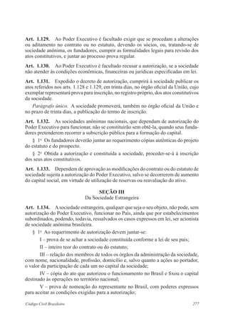 277Código Civil Brasileiro
Art.  1.129.  Ao Poder Executivo é facultado exigir que se procedam a alterações
ou aditamento no contrato ou no estatuto, devendo os sócios, ou, tratando-se de
sociedade anônima, os fundadores, cumprir as formalidades legais para revisão dos
atos constitutivos, e juntar ao processo prova regular.
Art.  1.130.  Ao Poder Executivo é facultado recusar a autorização, se a sociedade
não atender às condições econômicas, financeiras ou jurídicas especificadas em lei.
Art.  1.131.  Expedido o decreto de autorização, cumprirá à sociedade publicar os
atos referidos nos arts. 1.128 e 1.129, em trinta dias, no órgão oficial da União, cujo
exemplar representará prova para inscrição, no registro próprio, dos atos constitutivos
da sociedade.
Parágrafo único.  A sociedade promoverá, também no órgão oficial da União e
no prazo de trinta dias, a publicação do termo de inscrição.
Art.  1.132.  As sociedades anônimas nacionais, que dependam de autorização do
Poder Executivo para funcionar, não se constituirão sem obtê-la, quando seus funda-
dores pretenderem recorrer a subscrição pública para a formação do capital.
§  1o
  Os fundadores deverão juntar ao requerimento cópias autênticas do projeto
do estatuto e do prospecto.
§  2o
  Obtida a autorização e constituída a sociedade, proceder-se-á à inscrição
dos seus atos constitutivos.
Art.  1.133.  Dependem de aprovação as modificações do contrato ou do estatuto de
sociedade sujeita a autorização do Poder Executivo, salvo se decorrerem de aumento
do capital social, em virtude de utilização de reservas ou reavaliação do ativo.
Seção III
Da Sociedade Estrangeira
Art.  1.134.  Asociedade estrangeira, qualquer que seja o seu objeto, não pode, sem
autorização do Poder Executivo, funcionar no País, ainda que por estabelecimentos
subordinados, podendo, todavia, ressalvados os casos expressos em lei, ser acionista
de sociedade anônima brasileira.
§  1o
  Ao requerimento de autorização devem juntar-se:
I – prova de se achar a sociedade constituída conforme a lei de seu país;
II – inteiro teor do contrato ou do estatuto;
III – relação dos membros de todos os órgãos da administração da sociedade,
com nome, nacionalidade, profissão, domicílio e, salvo quanto a ações ao portador,
o valor da participação de cada um no capital da sociedade;
IV – cópia do ato que autorizou o funcionamento no Brasil e fixou o capital
destinado às operações no território nacional;
V – prova de nomeação do representante no Brasil, com poderes expressos
para aceitar as condições exigidas para a autorização;
 