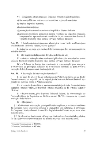 35Código Civil Brasileiro
VII – assegurar a observância dos seguintes princípios constitucionais:
a) forma republicana, sistema representativo e regime democrático;
b) direitos da pessoa humana;
c) autonomia municipal;
d) prestação de contas da administração pública, direta e indireta;
e) aplicação do mínimo exigido da receita resultante de impostos estaduais,
compreendida a proveniente de transferências, na manutenção e desenvol-
vimento do ensino e nas ações e serviços públicos de saúde.
Art.  35.  O Estado não intervirá em seus Municípios, nem a União nos ­Municípios
localizados em Território Federal, exceto quando:12
I – deixar de ser paga, sem motivo de força maior, por dois anos ­consecutivos,
a dívida fundada;
II – não forem prestadas contas devidas, na forma da lei;
III – não tiver sido aplicado o mínimo exigido da receita municipal na manu-
tenção e desenvolvimento do ensino e nas ações e serviços públicos de saúde;
IV – o Tribunal de Justiça der provimento a representação para ­assegurar
a observância de princípios indicados na Constituição estadual, ou para prover a
­execução de lei, de ordem ou de decisão judicial.
Art.  36.  A decretação da intervenção dependerá:13
I – no caso do art. 34, IV, de solicitação do Poder Legislativo ou do Poder
Executivo coacto ou impedido, ou de requisição do Supremo Tribunal Federal, se a
coação for exercida contra o Poder Judiciário;
II – no caso de desobediência a ordem ou decisão judiciária, de ­requisição do
Supremo Tribunal Federal, do Superior Tribunal de Justiça ou do ­Tribunal Superior
Eleitoral;
III – de provimento, pelo Supremo Tribunal Federal, de representação do
­Procurador-Geral da República, na hipótese do art. 34, VII, e no caso de recusa à
execução de lei federal.
IV – (Revogado).
§ 1o
  O decreto de intervenção, que especificará a amplitude, o prazo e as ­condições
de execução e que, se couber, nomeará o interventor, será submetido à apreciação
do Congresso Nacional ou da Assembléia Legislativa do ­Estado, no prazo de vinte
e quatro horas.
§ 2o
  Se não estiver funcionando o Congresso Nacional ou aAssembléia ­Legislativa,
far-se-á convocação extraordinária, no mesmo prazo de vinte e quatro horas.
12
Emenda Constitucional no
29/2000.
13
Emenda Constitucional no
45/2004.
 