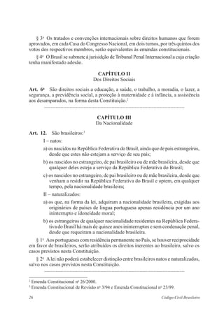 § 3o Os tratados e convenções internacionais sobre direitos humanos que forem 
aprovados, em cada Casa do Congresso Nacional, em dois turnos, por três quintos dos 
votos dos respectivos membros, serão equivalentes às emendas constitucionais. 
§ 4o O Brasil se submete à jurisidção de Tribunal Penal Internacional a cuja criação 
tenha manifestado adesão. 
Capítulo I 
Dos Direitos Sociais 
Art. 6o São direitos sociais a educação, a saúde, o trabalho, a moradia, o lazer, a 
segurança, a previdência social, a proteção à maternidade e à infância, a assistência 
aos desamparados, na forma desta Constituição.2 
............................................................................................................... 
Capítulo II 
Da Nacionalidade 
Art. 12. São brasileiros:3 
I – natos: 
a) os nascidos na República Federativa do Brasil, ainda que de pais ­estrangeiros, 
desde que estes não estejam a serviço de seu país; 
b) os nascidos no estrangeiro, de pai brasileiro ou de mãe brasileira, desde que 
qualquer deles esteja a serviço da República Federativa do Brasil; 
c) os nascidos no estrangeiro, de pai brasileiro ou de mãe brasileira, desde que 
venham a residir na República Federativa do Brasil e optem, em qualquer 
tempo, pela nacionalidade brasileira; 
II – naturalizados: 
a) os que, na forma da lei, adquiram a nacionalidade brasileira, ­exigidas 
aos 
originários de países de língua portuguesa apenas residência por um ano 
ininterrupto e idoneidade moral; 
b) os estrangeiros de qualquer nacionalidade residentes na República Federa­tiva 
do Brasil há mais de quinze anos ininterruptos e sem condenação ­penal, 
desde que requeiram a nacionalidade brasileira. 
§ 1o Aos portugueses com residência permanente no País, se houver ­reciprocidade 
em favor de brasileiros, serão atribuídos os direitos inerentes ao brasileiro, salvo os 
casos previstos nesta Constituição. 
§ 2o A lei não poderá estabelecer distinção entre brasileiros natos e naturalizados, 
salvo nos casos previstos nesta Constituição. 
............................................................................................................... 
2 Emenda Constitucional no 26/2000. 
3 Emenda Constitucional de Revisão no 3/94 e Emenda Constitucional no 23/99. 
26 Código Civil Brasileiro 
 