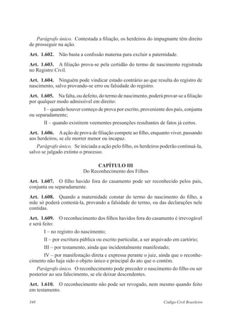 Parágrafo único. Contestada a filiação, os herdeiros do impugnante têm direito 
de prosseguir na ação. 
Art. 1.602. Não basta a confissão materna para excluir a paternidade. 
Art. 1.603. A filiação prova-se pela certidão do termo de nascimento registrada 
no Registro Civil. 
Art. 1.604. Ninguém pode vindicar estado contrário ao que resulta do registro de 
nascimento, salvo provando-se erro ou falsidade do registro. 
Art. 1.605. Na falta, ou defeito, do termo de nascimento, poderá provar-se a filiação 
por qualquer modo admissível em direito: 
I – quando houver começo de prova por escrito, proveniente dos pais, conjunta 
ou separadamente; 
II – quando existirem veementes presunções resultantes de fatos já certos. 
Art. 1.606. A ação de prova de filiação compete ao filho, enquanto viver, passando 
aos herdeiros, se ele morrer menor ou incapaz. 
Parágrafo único. Se iniciada a ação pelo filho, os herdeiros poderão continuá-la, 
salvo se julgado extinto o processo. 
CAPÍTULO II 
Do Reconhecimento dos Filhos 
Art. 1.607. O filho havido fora do casamento pode ser reconhecido pelos pais, 
conjunta ou separadamente. 
Art. 1.608. Quando a maternidade constar do termo do nascimento do filho, a 
mãe só poderá contestá-la, provando a falsidade do termo, ou das declarações nele 
contidas. 
Art. 1.609. O reconhecimento dos filhos havidos fora do casamento é irrevogável 
e será feito: 
I – no registro do nascimento; 
II – por escritura pública ou escrito particular, a ser arquivado em cartório; 
III – por testamento, ainda que incidentalmente manifestado; 
IV – por manifestação direta e expressa perante o juiz, ainda que o reconhe-cimento 
não haja sido o objeto único e principal do ato que o contém. 
Parágrafo único. O reconhecimento pode preceder o nascimento do filho ou ser 
posterior ao seu falecimento, se ele deixar descendentes. 
Art. 1.610. O reconhecimento não pode ser revogado, nem mesmo quando feito 
em testamento. 
348 Código Civil Brasileiro 
 