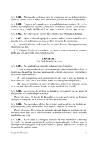 Art. 1.810. Na sucessão legítima, a parte do renunciante acresce à dos outros her-deiros 
da mesma classe e, sendo ele o único desta, devolve-se aos da subseqüente. 
Art. 1.811. Ninguém pode suceder, representando herdeiro renunciante. Se, porém, 
ele for o único legítimo da sua classe, ou se todos os outros da mesma classe renuncia-rem 
a herança, poderão os filhos vir à sucessão, por direito próprio, e por cabeça. 
Art. 1.812. São irrevogáveis os atos de aceitação ou de renúncia da herança. 
Art. 1.813. Quando o herdeiro prejudicar os seus credores, renunciando à herança, 
poderão eles, com autorização do juiz, aceitá-la em nome do renunciante. 
§ 1o A habilitação dos credores se fará no prazo de trinta dias seguintes ao co-nhecimento 
do fato. 
§ 2o Pagas as dívidas do renunciante, prevalece a renúncia quanto ao remanes-cente, 
que será devolvido aos demais herdeiros. 
CAPÍTULO V 
Dos Excluídos da Sucessão 
Art. 1.814. São excluídos da sucessão os herdeiros ou legatários: 
I – que houverem sido autores, co-autores ou partícipes de homicídio doloso, ou 
tentativa deste, contra a pessoa de cuja sucessão se tratar, seu cônjuge, companheiro, 
ascendente ou descendente; 
II – que houverem acusado caluniosamente em juízo o autor da herança ou 
incorrerem em crime contra a sua honra, ou de seu cônjuge ou companheiro; 
III – que, por violência ou meios fraudulentos, inibirem ou obstarem o autor 
da herança de dispor livremente de seus bens por ato de última vontade. 
Art. 1.815. A exclusão do herdeiro ou legatário, em qualquer desses casos de 
indignidade, será declarada por sentença. 
Parágrafo único. O direito de demandar a exclusão do herdeiro ou legatário 
extingue-se em quatro anos, contados da abertura da sucessão. 
Art. 1.816. São pessoais os efeitos da exclusão; os descendentes do herdeiro ex-cluído 
sucedem, como se ele morto fosse antes da abertura da sucessão. 
Parágrafo único. O excluído da sucessão não terá direito ao usufruto ou à ad-ministração 
dos bens que a seus sucessores couberem na herança, nem à sucessão 
eventual desses bens. 
Art. 1.817. São válidas as alienações onerosas de bens hereditários a terceiros 
de boa-fé, e os atos de administração legalmente praticados pelo herdeiro, antes da 
sentença de exclusão; mas aos herdeiros subsiste, quando prejudicados, o direito de 
demandar-lhe perdas e danos. 
Código Civil Brasileiro 375 
 