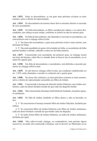 Art. 1.833. Entre os descendentes, os em grau mais próximo excluem os mais 
remotos, salvo o direito de representação. 
Art. 1.834. Os descendentes da mesma classe têm os mesmos direitos à sucessão 
de seus ascendentes. 
Art. 1.835. Na linha descendente, os filhos sucedem por cabeça, e os outros des-cendentes, 
por cabeça ou por estirpe, conforme se achem ou não no mesmo grau. 
Art. 1.836. Na falta de descendentes, são chamados à sucessão os ascendentes, em 
concorrência com o cônjuge sobrevivente. 
§ 1o Na classe dos ascendentes, o grau mais próximo exclui o mais remoto, sem 
distinção de linhas. 
§ 2o Havendo igualdade em grau e diversidade em linha, os ascendentes da linha 
paterna herdam a metade, cabendo a outra aos da linha materna. 
Art. 1.837. Concorrendo com ascendente em primeiro grau, ao cônjuge tocará 
um terço da herança; caber-lhe-á a metade desta se houver um só ascendente, ou se 
maior for aquele grau. 
Art. 1.838. Em falta de descendentes e ascendentes, será deferida a sucessão por 
inteiro ao cônjuge sobrevivente. 
Art. 1.839. Se não houver cônjuge sobrevivente, nas condições estabelecidas no 
art. 1.830, serão chamados a suceder os colaterais até o quarto grau. 
Art. 1.840. Na classe dos colaterais, os mais próximos excluem os mais remotos, 
salvo o direito de representação concedido aos filhos de irmãos. 
Art. 1.841. Concorrendo à herança do falecido irmãos bilaterais com irmãos uni-laterais, 
cada um destes herdará metade do que cada um daqueles herdar. 
Art. 1.842. Não concorrendo à herança irmão bilateral, herdarão, em partes iguais, 
os unilaterais. 
Art. 1.843. Na falta de irmãos, herdarão os filhos destes e, não os havendo, os 
tios. 
§ 1o Se concorrerem à herança somente filhos de irmãos falecidos, herdarão por 
cabeça. 
§ 2o Se concorrem filhos de irmãos bilaterais com filhos de irmãos unilaterais, 
cada um destes herdará a metade do que herdar cada um daqueles. 
§ 3o Se todos forem filhos de irmãos bilaterais, ou todos de irmãos unilaterais, 
herdarão por igual. 
Art. 1.844. Não sobrevivendo cônjuge, ou companheiro, nem parente algum 
sucessível, ou tendo eles renunciado a herança, esta se devolve ao Município ou ao 
378 Código Civil Brasileiro 
 