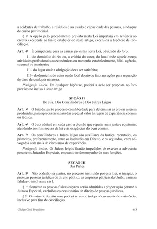 a acidentes de trabalho, a resíduos e ao estado e capacidade das pessoas, ainda que 
de cunho patrimonial. 
§ 3o A opção pelo procedimento previsto nesta Lei importará em renúncia ao 
crédito excedente ao limite estabelecido neste artigo, excetuada a hipótese de con-ciliação. 
Art. 4o É competente, para as causas previstas nesta Lei, o Juizado do foro: 
I – do domicílio do réu ou, a critério do autor, do local onde aquele exerça 
atividades profissionais ou econômicas ou mantenha estabelecimento, filial, agência, 
sucursal ou escritório; 
II – do lugar onde a obrigação deva ser satisfeita; 
III – do domicílio do autor ou do local do ato ou fato, nas ações para reparação 
de dano de qualquer natureza. 
Parágrafo único. Em qualquer hipótese, poderá a ação ser proposta no foro 
previsto no inciso I deste artigo. 
SEÇÃO I 
Do Juiz, Dos Conciliadores e Dos Juízes Leigos 
Art. 5o O Juiz dirigirá o processo com liberdade para determinar as provas a serem 
produzidas, para apreciá-las e para dar especial valor às regras de experiência comum 
ou técnica. 
Art. 6o O Juiz adotará em cada caso a decisão que reputar mais justa e equânime, 
atendendo aos fins sociais da lei e às exigências do bem comum. 
Art. 7o Os conciliadores e Juízes leigos são auxiliares da Justiça, recrutados, os 
primeiros, preferentemente, entre os bacharéis em Direito, e os segundos, entre ad-vogados 
com mais de cinco anos de experiência. 
Parágrafo único. Os Juízes leigos ficarão impedidos de exercer a advocacia 
perante os Juizados Especiais, enquanto no desempenho de suas funções. 
SEÇÃO II 
Das Partes 
Art. 8o Não poderão ser partes, no processo instituído por esta Lei, o incapaz, o 
preso, as pessoas jurídicas de direito público, as empresas públicas da União, a massa 
falida e o insolvente civil. 
§ 1o Somente as pessoas físicas capazes serão admitidas a propor ação perante o 
Juizado Especial, excluídos os cessionários de direito de pessoas jurídicas. 
§ 2o O maior de dezoito anos poderá ser autor, independentemente de assistência, 
inclusive para fins de conciliação. 
Código Civil Brasileiro 443 
 