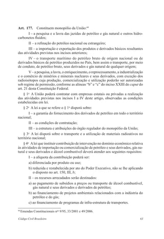 Art. 177. Constituem monopólio da União:44 
I – a pesquisa e a lavra das jazidas de petróleo e gás natural e outros hidro­car­bonetos 
fluidos; 
II – a refinação do petróleo nacional ou estrangeiro; 
III – a importação e exportação dos produtos e derivados básicos ­resultantes 
das atividades previstas nos incisos anteriores; 
IV – o transporte marítimo do petróleo bruto de origem nacional ou de 
­derivados 
básicos de petróleo produzidos no País, bem assim o transporte, por meio 
de conduto, de petróleo bruto, seus derivados e gás natural de qualquer origem; 
V – a pesquisa, a lavra, o enriquecimento, o reprocessamento, a industrialização 
e o comércio de minérios e minerais nucleares e seus derivados, com exceção dos 
radioisótopos cuja produção, comercialização e utilização poderão ser autorizadas 
sob regime de permissão, conforme as alíneas “b” e “c” do inciso XXIII do caput do 
art. 21 desta Constituição Federal. 
§ 1o A União poderá contratar com empresas estatais ou privadas a ­realização 
das atividades previstas nos incisos I a IV deste artigo, observadas as condições 
estabelecidas em lei. 
§ 2o A lei a que se refere o § 1o disporá sobre: 
I – a garantia do fornecimento dos derivados de petróleo em todo o território 
nacional; 
II – as condições de contratação; 
III – a estrutura e atribuições do órgão regulador do monopólio da União; 
§ 3o A lei disporá sobre o transporte e a utilização de materiais radio­ativos 
no 
território nacional; 
§ 4o A lei que instituir contribuição de intervenção no domínio econômico relativa 
às atividades de importação ou comercialização de petróleo e seus derivados, gás na-tural 
e seus derivados e álcool combustível deverá atender aos seguintes requisitos: 
I – a alíquota da contribuição poderá ser: 
a) diferenciada por produto ou uso; 
b) reduzida e restabelecida por ato do Poder Executivo, não se lhe aplicando 
o disposto no art. 150, III, b; 
II – os recursos arrecadados serão destinados: 
a) ao pagamento de subsídios a preços ou transporte de álcool combustível, 
gás natural e seus derivados e derivados de petróleo; 
b) ao financiamento de projetos ambientais relacionados com a indústria do 
petróleo e do gás; 
c) ao financiamento de programas de infra-estrutura de transportes. 
44 Emendas Constitucionais nos 9/95, 33/2001 e 49/2006. 
Código Civil Brasileiro 63 
 
