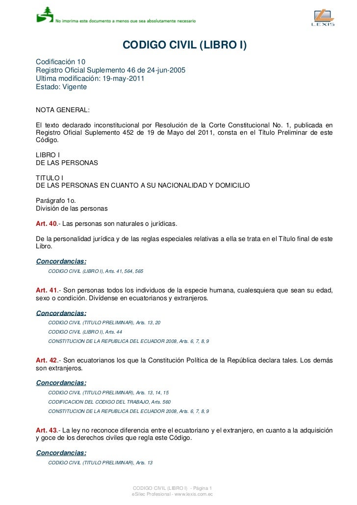 Codigo civil ecuatoriano actualizado hasta agosto del 2011