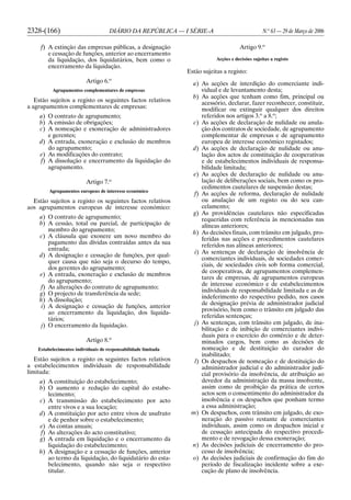 2328-(166) DIÁRIO DA REPÚBLICA — I SÉRIE-A N.o
63 — 29 de Março de 2006
f) A extinção das empresas públicas, a designação
e cessação de funções, anterior ao encerramento
da liquidação, dos liquidatários, bem como o
encerramento da liquidação.
Artigo 6.o
Agrupamentos complementares de empresas
Estão sujeitos a registo os seguintes factos relativos
a agrupamentos complementares de empresas:
a) O contrato de agrupamento;
b) A emissão de obrigações;
c) A nomeação e exoneração de administradores
e gerentes;
d) A entrada, exoneração e exclusão de membros
do agrupamento;
e) As modificações do contrato;
f) A dissolução e encerramento da liquidação do
agrupamento.
Artigo 7.o
Agrupamentos europeus de interesse económico
Estão sujeitos a registo os seguintes factos relativos
aos agrupamentos europeus de interesse económico:
a) O contrato de agrupamento;
b) A cessão, total ou parcial, de participação de
membro do agrupamento;
c) A cláusula que exonere um novo membro do
pagamento das dívidas contraídas antes da sua
entrada;
d) A designação e cessação de funções, por qual-
quer causa que não seja o decurso do tempo,
dos gerentes do agrupamento;
e) A entrada, exoneração e exclusão de membros
do agrupamento;
f) As alterações do contrato de agrupamento;
g) O projecto de transferência da sede;
h) A dissolução;
i) A designação e cessação de funções, anterior
ao encerramento da liquidação, dos liquida-
tários;
j) O encerramento da liquidação.
Artigo 8.o
Estabelecimentos individuais de responsabilidade limitada
Estão sujeitos a registo os seguintes factos relativos
a estabelecimentos individuais de responsabilidade
limitada:
a) A constituição do estabelecimento;
b) O aumento e redução do capital do estabe-
lecimento;
c) A transmissão do estabelecimento por acto
entre vivos e a sua locação;
d) A constituição por acto entre vivos de usufruto
e de penhor sobre o estabelecimento;
e) As contas anuais;
f) As alterações do acto constitutivo;
g) A entrada em liquidação e o encerramento da
liquidação do estabelecimento;
h) A designação e a cessação de funções, anterior
ao termo da liquidação, do liquidatário do esta-
belecimento, quando não seja o respectivo
titular.
Artigo 9.o
Acções e decisões sujeitas a registo
Estão sujeitas a registo:
a) As acções de interdição do comerciante indi-
vidual e de levantamento desta;
b) As acções que tenham como fim, principal ou
acessório, declarar, fazer reconhecer, constituir,
modificar ou extinguir qualquer dos direitos
referidos nos artigos 3.o
a 8.o
;
c) As acções de declaração de nulidade ou anula-
ção dos contratos de sociedade, de agrupamento
complementar de empresas e de agrupamento
europeu de interesse económico registados;
d) As acções de declaração de nulidade ou anu-
lação dos actos de constituição de cooperativas
e de estabelecimentos individuais de responsa-
bilidade limitada;
e) As acções de declaração de nulidade ou anu-
lação de deliberações sociais, bem como os pro-
cedimentos cautelares de suspensão destas;
f) As acções de reforma, declaração de nulidade
ou anulação de um registo ou do seu can-
celamento;
g) As providências cautelares não especificadas
requeridas com referência às mencionadas nas
alíneas anteriores;
h) As decisões finais, com trânsito em julgado, pro-
feridas nas acções e procedimentos cautelares
referidos nas alíneas anteriores;
i) As sentenças de declaração de insolvência de
comerciantes individuais, de sociedades comer-
ciais, de sociedades civis sob forma comercial,
de cooperativas, de agrupamentos complemen-
tares de empresas, de agrupamentos europeus
de interesse económico e de estabelecimentos
individuais de responsabilidade limitada e as de
indeferimento do respectivo pedido, nos casos
de designação prévia de administrador judicial
provisório, bem como o trânsito em julgado das
referidas sentenças;
j) As sentenças, com trânsito em julgado, de ina-
bilitação e de inibição de comerciantes indivi-
duais para o exercício do comércio e de deter-
minados cargos, bem como as decisões de
nomeação e de destituição do curador do
inabilitado;
l) Os despachos de nomeação e de destituição do
administrador judicial e do administrador judi-
cial provisório da insolvência, de atribuição ao
devedor da administração da massa insolvente,
assim como de proibição da prática de certos
actos sem o consentimento do administrador da
insolvência e os despachos que ponham termo
a essa administração;
m) Os despachos, com trânsito em julgado, de exo-
neração do passivo restante de comerciantes
individuais, assim como os despachos inicial e
de cessação antecipada do respectivo procedi-
mento e de revogação dessa exoneração;
n) As decisões judiciais de encerramento do pro-
cesso de insolvência;
o) As decisões judiciais de confirmação do fim do
período de fiscalização incidente sobre a exe-
cução de plano de insolvência.
 