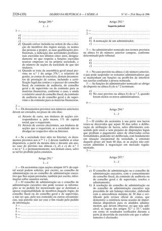 2328-(18) DIÁRIO DA REPÚBLICA — I SÉRIE-A N.o
63 — 29 de Março de 2006
Artigo 289.o
[. . .]
1 — . . . . . . . . . . . . . . . . . . . . . . . . . . . . . . . . . . . . . . . . . .
a) . . . . . . . . . . . . . . . . . . . . . . . . . . . . . . . . . . . . . . . . .
b) . . . . . . . . . . . . . . . . . . . . . . . . . . . . . . . . . . . . . . . . .
c) . . . . . . . . . . . . . . . . . . . . . . . . . . . . . . . . . . . . . . . . .
d) Quando estiver incluída na ordem do dia a elei-
ção de membros dos órgãos sociais, os nomes
das pessoas a propor, as suas qualificações pro-
fissionais, a indicação das actividades profissio-
nais exercidas nos últimos cinco anos, designa-
damente no que respeita a funções exercidas
noutras empresas ou na própria sociedade, e
do número de acções da sociedade de que são
titulares;
e) Quando se trate da assembleia geral anual pre-
vista no n.o
1 do artigo 376.o
, o relatório de
gestão, as contas do exercício, demais documen-
tos de prestação de contas, incluindo a certi-
ficação legal das contas e o parecer do conselho
fiscal, da comissão de auditoria, do conselho
geral e de supervisão ou da comissão para as
matérias financeiras, conforme o caso, e ainda
o relatório anual do conselho fiscal, da comissão
de auditoria ou do conselho geral e de super-
visão e da comissão para as matérias financeiras.
2 — . . . . . . . . . . . . . . . . . . . . . . . . . . . . . . . . . . . . . . . . . .
3 — Os documentos previstos nos números anteriores
devem ser enviados, no prazo de oito dias:
a) Através de carta, aos titulares de acções cor-
respondentes a, pelo menos, 1% do capital
social, que o requeiram;
b) Através de correio electrónico, aos titulares de
acções que o requeiram, se a sociedade não os
divulgar no respectivo sítio na Internet.
4 — Se a sociedade tiver sítio na Internet, os docu-
mentos previstos nos n.os
1 e 2 devem também aí estar
disponíveis, a partir da mesma data e durante um ano,
no caso do previsto nas alíneas c), d) e e) do n.o
1
e no n.o
2, e permanentemente, nos demais casos, salvo
se tal for proibido pelos estatutos.
Artigo 291.o
[. . .]
1 — Os accionistas cujas acções atinjam 10% do capi-
tal social podem solicitar, por escrito, ao conselho de
administração ou ao conselho de administração execu-
tivo que lhes sejam prestadas, também por escrito, infor-
mações sobre assuntos sociais.
2 — O conselho de administração ou o conselho de
administração executivo não pode recusar as informa-
ções se no pedido for mencionado que se destinam a
apurar responsabilidade de membros daquele órgão, do
conselho fiscal ou do conselho geral e de supervisão,
a não ser que, pelo seu conteúdo ou outras circunstân-
cias, seja patente não ser esse o fim visado pelo pedido
de informação.
3 — . . . . . . . . . . . . . . . . . . . . . . . . . . . . . . . . . . . . . . . . . .
4 — . . . . . . . . . . . . . . . . . . . . . . . . . . . . . . . . . . . . . . . . . .
5 — . . . . . . . . . . . . . . . . . . . . . . . . . . . . . . . . . . . . . . . . . .
6 — . . . . . . . . . . . . . . . . . . . . . . . . . . . . . . . . . . . . . . . . . .
7 — . . . . . . . . . . . . . . . . . . . . . . . . . . . . . . . . . . . . . . . . . .
Artigo 292.o
Inquérito judicial
1 — . . . . . . . . . . . . . . . . . . . . . . . . . . . . . . . . . . . . . . . . . .
2 — . . . . . . . . . . . . . . . . . . . . . . . . . . . . . . . . . . . . . . . . . .
a) . . . . . . . . . . . . . . . . . . . . . . . . . . . . . . . . . . . . . . . . .
b) A nomeação de um administrador;
c) . . . . . . . . . . . . . . . . . . . . . . . . . . . . . . . . . . . . . . . . .
3 — Ao administrador nomeado nos termos previstos
na alínea b) do número anterior compete, conforme
determinado pelo tribunal:
a) . . . . . . . . . . . . . . . . . . . . . . . . . . . . . . . . . . . . . . . . .
b) . . . . . . . . . . . . . . . . . . . . . . . . . . . . . . . . . . . . . . . . .
c) . . . . . . . . . . . . . . . . . . . . . . . . . . . . . . . . . . . . . . . . .
4 — No caso previsto na alínea c) do número anterior,
o juiz pode suspender os restantes administradores que
se mantenham em funções ou proibi-los de interferir
nas tarefas confiadas à pessoa nomeada.
5 — As funções do administrador nomeado ao abrigo
do disposto na alínea b) do n.o
2 terminam:
a) . . . . . . . . . . . . . . . . . . . . . . . . . . . . . . . . . . . . . . . . .
b) No caso previsto na alínea b) do n.o
3, quando
forem eleitos os novos administradores.
6 — . . . . . . . . . . . . . . . . . . . . . . . . . . . . . . . . . . . . . . . . . .
Artigo 294.o
[. . .]
1 — . . . . . . . . . . . . . . . . . . . . . . . . . . . . . . . . . . . . . . . . . .
2 — O crédito do accionista à sua parte nos lucros
vence-se decorridos que sejam 30 dias sobre a delibe-
ração de atribuição de lucros, salvo diferimento con-
sentido pelo sócio e sem prejuízo de disposições legais
que proíbam o pagamento antes de observadas certas
formalidades, podendo ser deliberada, com fundamento
em situação excepcional da sociedade, a extensão
daquele prazo até mais 60 dias, se as acções não esti-
verem admitidas à negociação em mercado regula-
mentado.
3 — . . . . . . . . . . . . . . . . . . . . . . . . . . . . . . . . . . . . . . . . . .
Artigo 297.o
[. . .]
1 — . . . . . . . . . . . . . . . . . . . . . . . . . . . . . . . . . . . . . . . . . .
a) O conselho de administração ou o conselho de
administração executivo, com o consentimento
do conselho fiscal, da comissão de auditoria ou
do conselho geral e de supervisão, resolva o
adiantamento;
b) A resolução do conselho de administração ou
do conselho de administração executivo seja
precedida de um balanço intercalar, elaborado
com a antecedência máxima de 30 dias e cer-
tificado pelo revisor oficial de contas, que
demonstre a existência nessa ocasião de impor-
tâncias disponíveis para os aludidos adianta-
mentos, que devem observar, no que seja apli-
cável, as regras dos artigos 32.o
e 33.o
, tendo
em conta os resultados verificados durante a
parte já decorrida do exercício em que o adian-
tamento é efectuado;
 