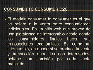 CONSUMER TO CONSUMER C2C
 El modelo consumer to consumer es el que
se refiere a la venta entre consumidores
individuales. Es un sitio web que provee de
una plataforma de intercambio desde donde
los consumidores finales hacen sus
transacciones económicas. Es como un
intercambio, en donde si se produce la venta
y transacción entre los dos interesados,
obtiene una comisión por cada venta
realizada.
 