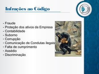 Infrações ao Código
- Fraude
- Proteção dos ativos da Empresa
- Contabilidade
- Suborno
- Corrupção
- Comunicação de Condutas ilegais
- Falta de cumprimento
- Assédio
- Discriminação

 