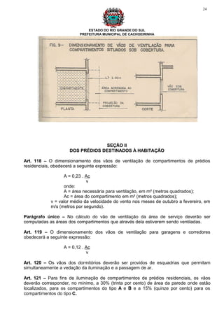 24




                             ESTADO DO RIO GRANDE DO SUL
                         PREFEITURA MUNICIPAL DE CACHOEIRINHA




                                  SEÇÃO II
                     DOS PRÉDIOS DESTINADOS À HABITAÇÃO

Art. 118 – O dimensionamento dos vãos de ventilação de compartimentos de prédios
residenciais, obedecerá a seguinte expressão:

                  A = 0,23 . Ac
                             v
                  onde:
                  A = área necessária para ventilação, em m² (metros quadrados);
                  Ac = área do compartimento em m² (metros quadrados);
            v = valor médio da velocidade do vento nos meses de outubro a fevereiro, em
            m/s (metros por segundo).

Parágrafo único – No cálculo do vão de ventilação da área de serviço deverão ser
computadas as áreas dos compartimentos que através dela estiverem sendo ventiladas.

Art. 119 – O dimensionamento dos vãos de ventilação para garagens e corredores
obedecerá a seguinte expressão:

                  A = 0,12 . Ac
                             v

Art. 120 – Os vãos dos dormitórios deverão ser providos de esquadrias que permitam
simultaneamente a vedação da iluminação e a passagem de ar.

Art. 121 – Para fins de iluminação de compartimentos de prédios residenciais, os vãos
deverão corresponder, no mínimo, a 30% (trinta por cento) de área da parede onde estão
localizados, para os compartimentos do tipo A e B e a 15% (quinze por cento) para os
compartimentos do tipo C.
 